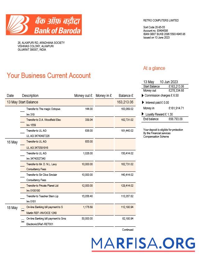 Printable Bank of Baroda company checking account statement Word and PDF template